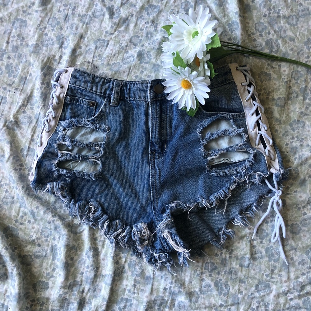 Jean Shorts with Laced-Up Sides